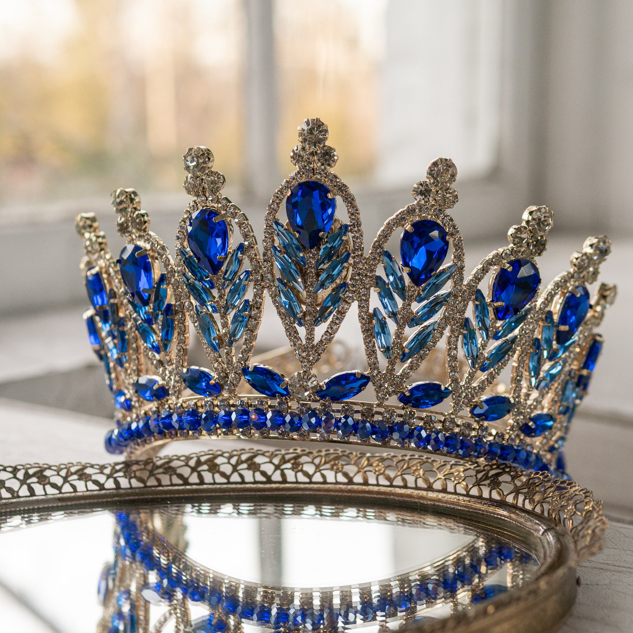 Royal Blue with gold tiara crown for quinceanera